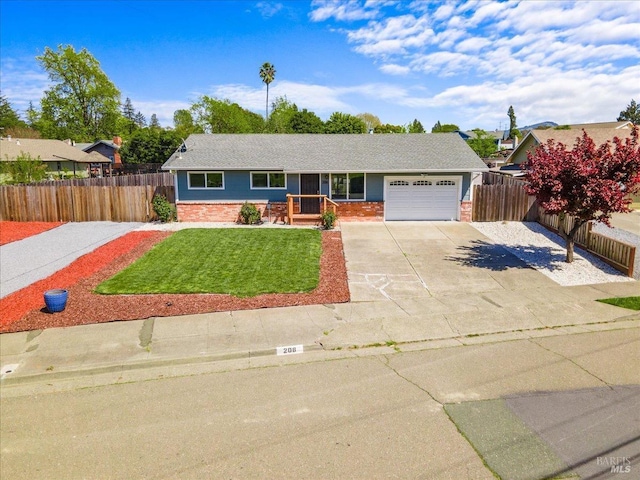 ranch-style home featuring driveway, an attached garage, a front yard, brick siding, and fence