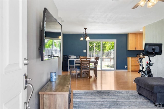living area with a ceiling fan and wood finished floors