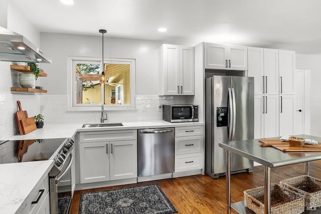 436 Calle De La Mesa, Novato, CA 94949 - kitchen featuring stainless steel appliances, a sink, open shelves, wall chimney exhaust hood, and wood finished floors