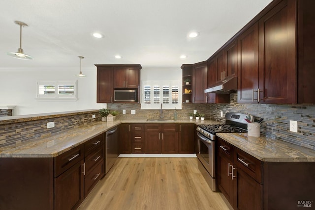 kitchen featuring a peninsula, stone counters, under cabinet range hood, a sink, and stainless steel appliances
