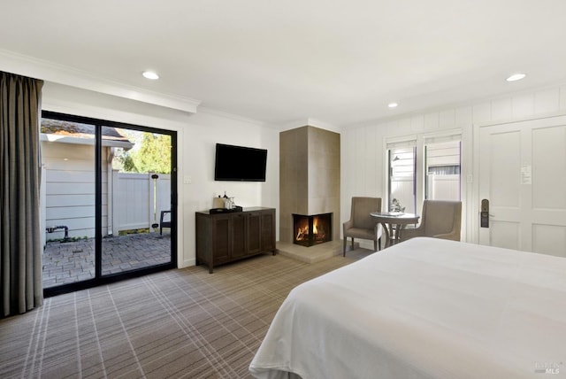 1600 Atlas Peak Rd Unit 286, Napa, CA 94558 - bedroom featuring access to outside, crown molding, carpet, a large fireplace, and recessed lighting