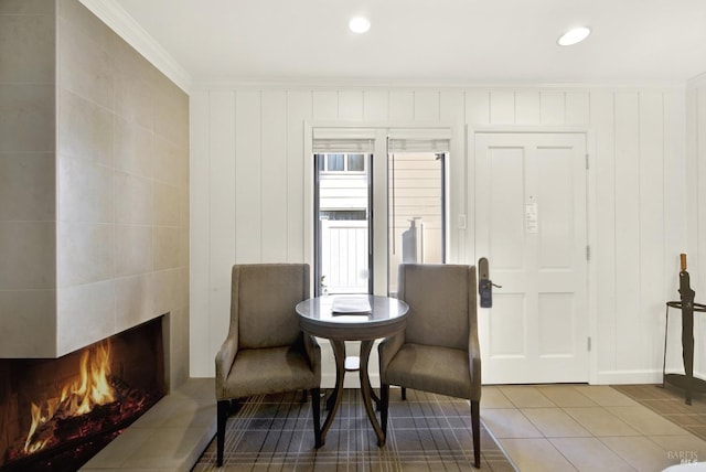 1600 Atlas Peak Rd Unit 286, Napa, CA 94558 - sitting room with crown molding, a tile fireplace, recessed lighting, and tile patterned floors