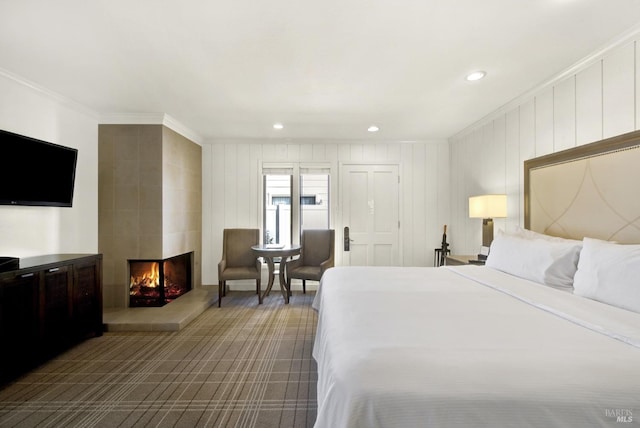 1600 Atlas Peak Rd Unit 286, Napa, CA 94558 - bedroom with recessed lighting, a fireplace, dark carpet, and ornamental molding