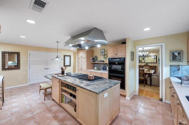 kitchen featuring visible vents, open shelves, exhaust hood, light brown cabinets, and stainless steel gas cooktop