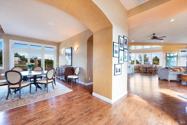 2614 Scotts Right Of Way, Sebastopol, CA 95472 - dining area with dark wood finished floors, a fireplace, and recessed lighting