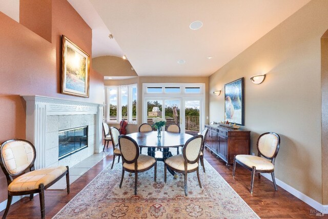 2614 Scotts Right Of Way, Sebastopol, CA 95472 - dining space featuring a fireplace, wood finished floors, and recessed lighting
