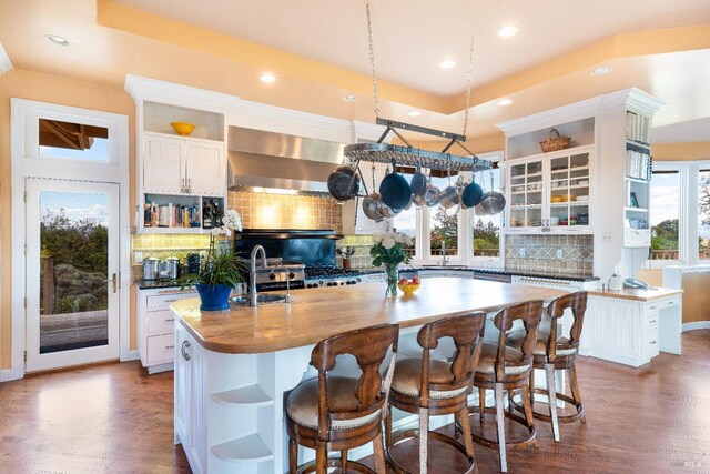 2614 Scotts Right Of Way, Sebastopol, CA 95472 - kitchen with stainless steel range with gas stovetop, open shelves, white cabinetry, and recessed lighting