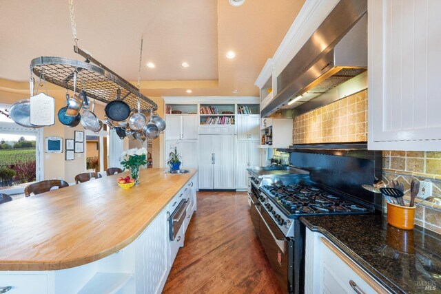 2614 Scotts Right Of Way, Sebastopol, CA 95472 - kitchen featuring open shelves, wood counters, range, tasteful backsplash, and dark wood-style floors
