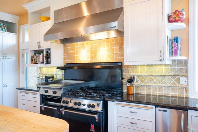 2614 Scotts Right Of Way, Sebastopol, CA 95472 - kitchen with open shelves, white cabinets, an island with sink, backsplash, and recessed lighting