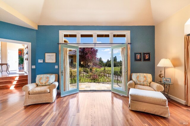 2614 Scotts Right Of Way, Sebastopol, CA 95472 - bedroom with access to outside, hardwood / wood-style flooring, high vaulted ceiling, and a ceiling fan