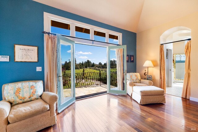 2614 Scotts Right Of Way, Sebastopol, CA 95472 - bedroom with access to exterior, an office area, wood finished floors, and high vaulted ceiling