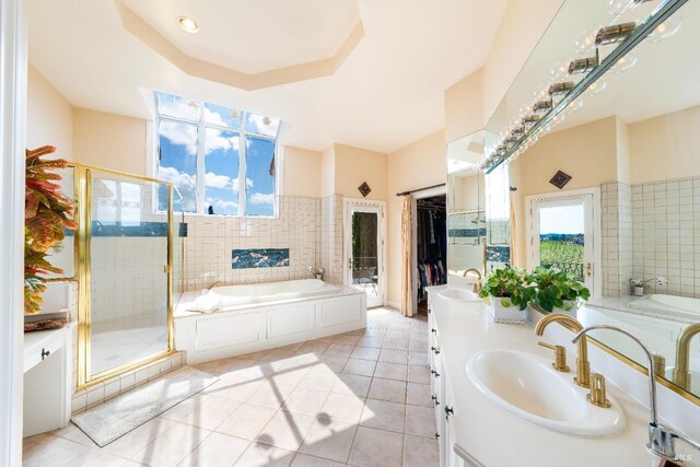 2614 Scotts Right Of Way, Sebastopol, CA 95472 - bathroom featuring a shower stall, a jetted tub, vanity, and tile patterned flooring