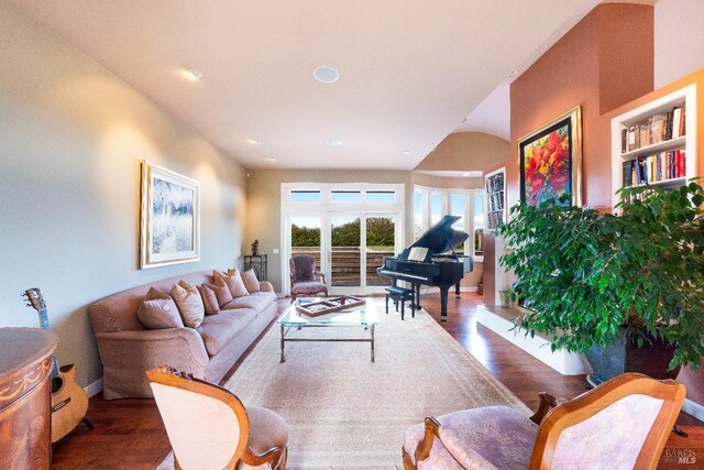 2614 Scotts Right Of Way, Sebastopol, CA 95472 - living area with a tiled fireplace, wood finished floors, and recessed lighting