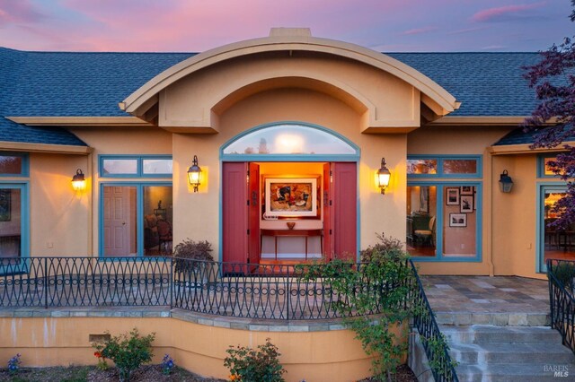 2614 Scotts Right Of Way, Sebastopol, CA 95472 - view of front of property featuring stucco siding, a front lawn, stairs, and roof with shingles
