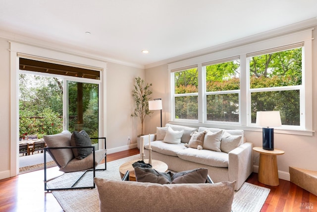living area featuring crown molding, baseboards, plenty of natural light, and light wood-style floors