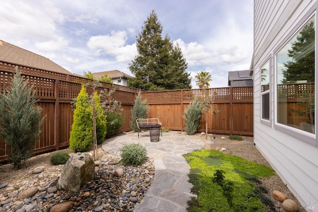view of yard with a patio area and a fenced backyard