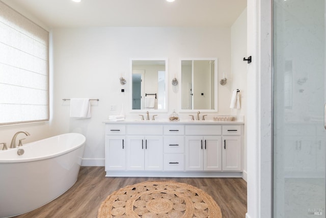 bathroom featuring a freestanding bath, wood finished floors, and a sink