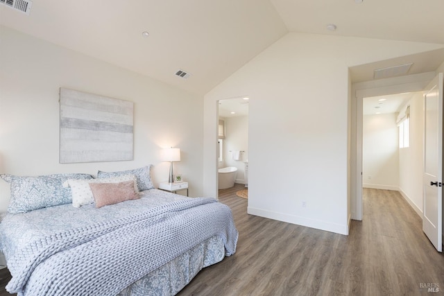 bedroom featuring visible vents, baseboards, wood finished floors, and lofted ceiling
