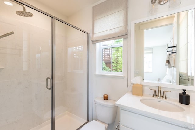 bathroom featuring toilet, a stall shower, and vanity