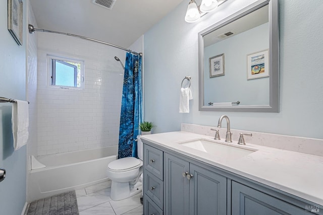 bathroom with vanity, visible vents, toilet, and shower / bath combo with shower curtain