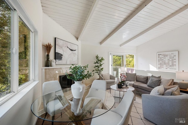 19 Savannah Ave, San Anselmo, CA 94960 - tiled living room with a tile fireplace and lofted ceiling with beams