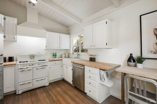 19 Savannah Ave, San Anselmo, CA 94960 - kitchen featuring lofted ceiling with beams, custom exhaust hood, dishwasher, a sink, and range with two ovens