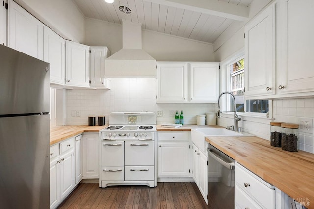 19 Savannah Ave, San Anselmo, CA 94960 - kitchen with a sink, lofted ceiling, stainless steel appliances, butcher block countertops, and premium range hood