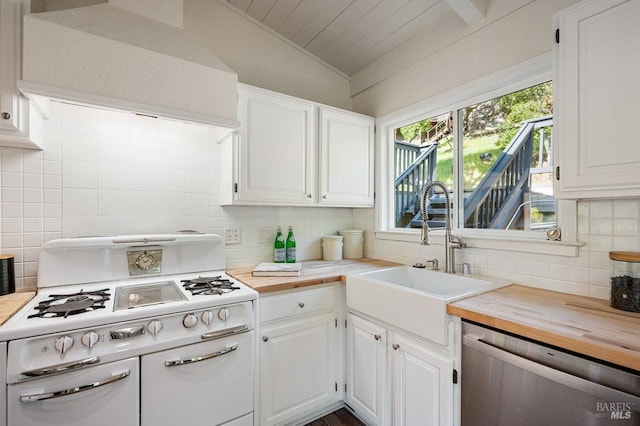 19 Savannah Ave, San Anselmo, CA 94960 - kitchen featuring double oven range, dishwasher, a sink, lofted ceiling, and wood counters