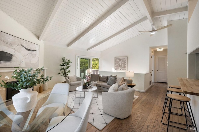 19 Savannah Ave, San Anselmo, CA 94960 - living room featuring ceiling fan, hardwood / wood-style flooring, baseboards, and lofted ceiling with beams