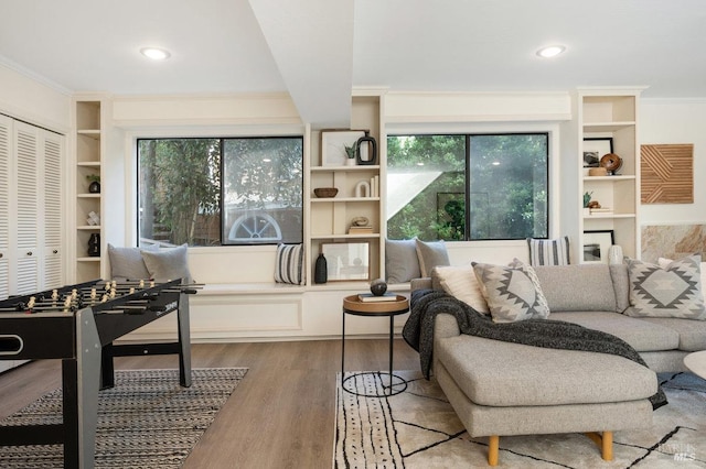 19 Savannah Ave, San Anselmo, CA 94960 - interior space with recessed lighting, built in shelves, ornamental molding, and wood finished floors