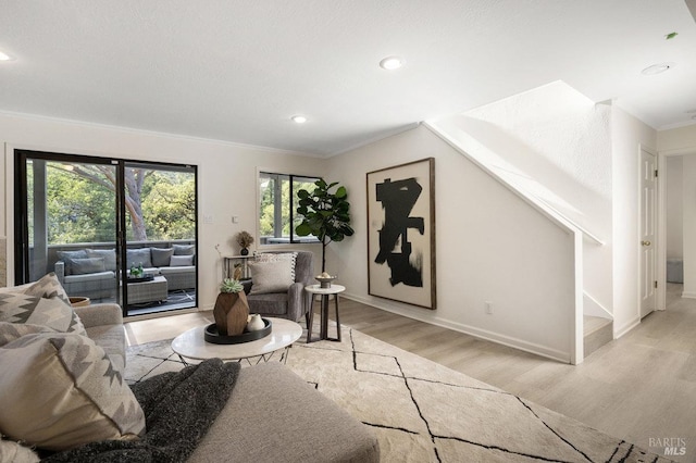 19 Savannah Ave, San Anselmo, CA 94960 - living room featuring crown molding, baseboards, light wood-type flooring, and recessed lighting