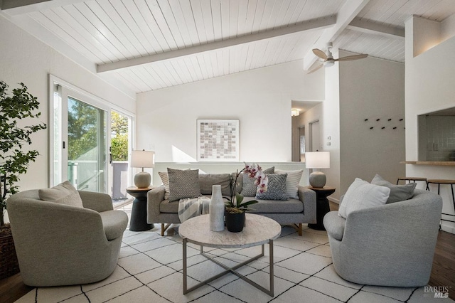 19 Savannah Ave, San Anselmo, CA 94960 - living room with wooden ceiling, light wood finished floors, lofted ceiling with beams, and a ceiling fan