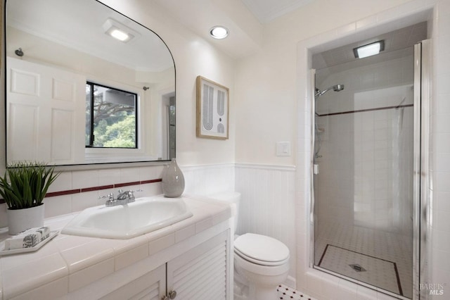 19 Savannah Ave, San Anselmo, CA 94960 - bathroom featuring toilet, a wainscoted wall, a stall shower, and vanity