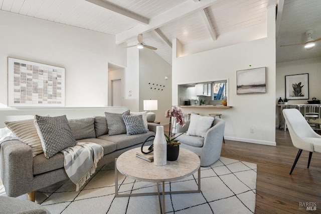 19 Savannah Ave, San Anselmo, CA 94960 - living area featuring baseboards, a ceiling fan, wood ceiling, beam ceiling, and wood finished floors