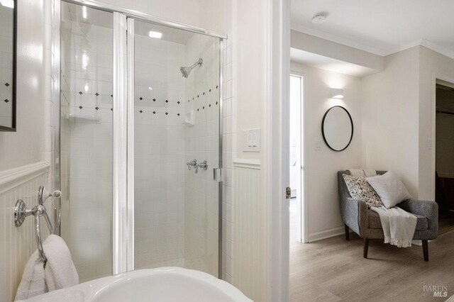 19 Savannah Ave, San Anselmo, CA 94960 - bathroom with a shower stall, crown molding, and wood finished floors