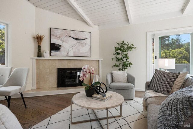 19 Savannah Ave, San Anselmo, CA 94960 - living room featuring a fireplace, wood ceiling, wood finished floors, and lofted ceiling with beams
