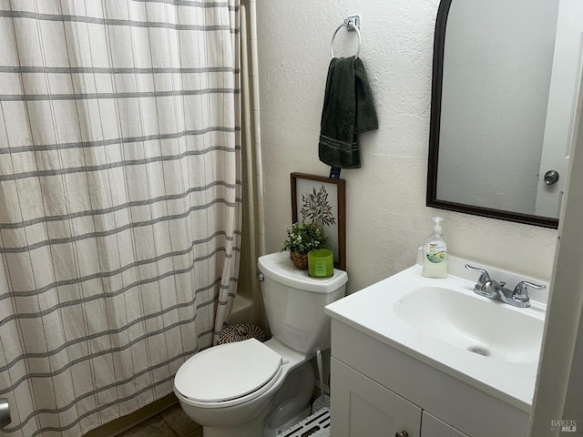 336 Hamilton Dr, Fairfield, CA 94533 - full bathroom featuring vanity, a textured wall, toilet, and shower / bathtub combination with curtain