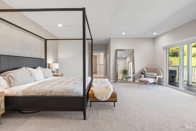 bedroom with access to outside, carpet flooring, baseboards, and recessed lighting