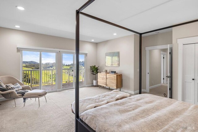 bedroom featuring access to outside, recessed lighting, baseboards, and carpet floors