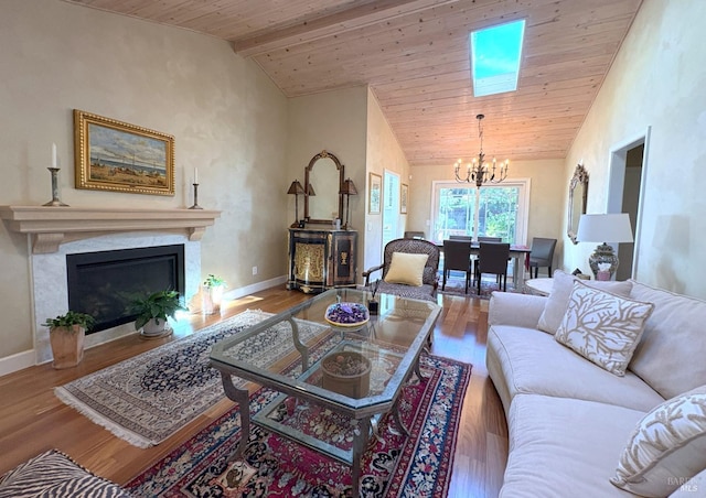 living room featuring an inviting chandelier, a high end fireplace, wood finished floors, wooden ceiling, and lofted ceiling with skylight