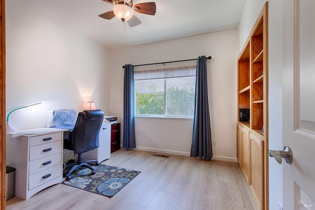 office featuring visible vents, baseboards, a ceiling fan, and light wood-style floors