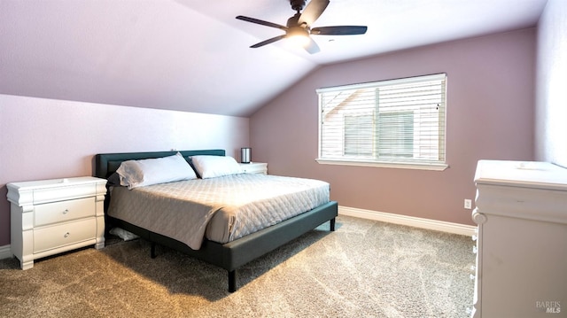 bedroom featuring baseboards, ceiling fan, carpet, and lofted ceiling