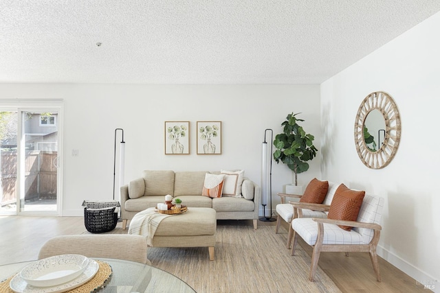 living area with baseboards, light wood finished floors, and a textured ceiling