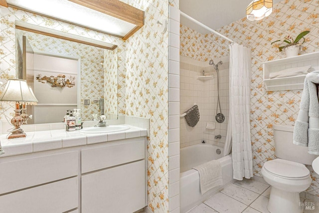 full bathroom with toilet, shower / tub combo with curtain, vanity, and wallpapered walls
