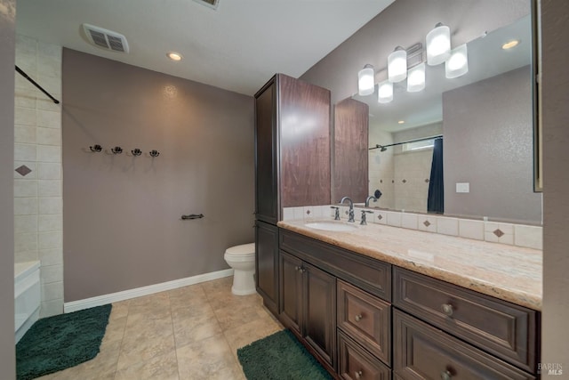 full bath with vanity, baseboards, toilet, visible vents, and a shower