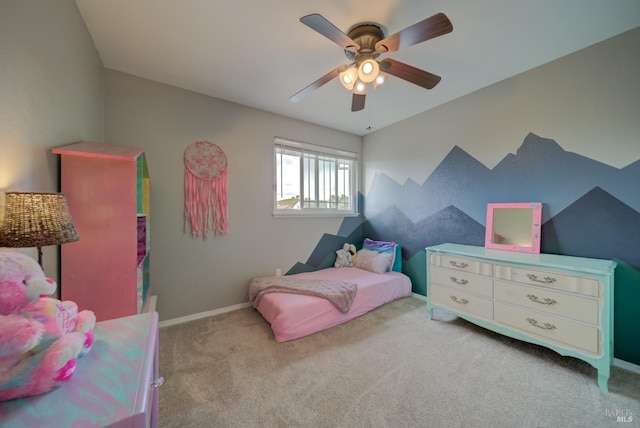 bedroom with carpet, baseboards, and a ceiling fan