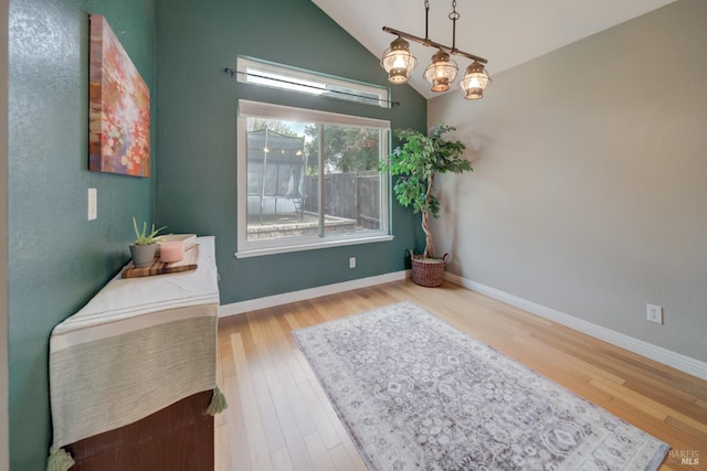 interior space featuring baseboards, vaulted ceiling, and wood finished floors