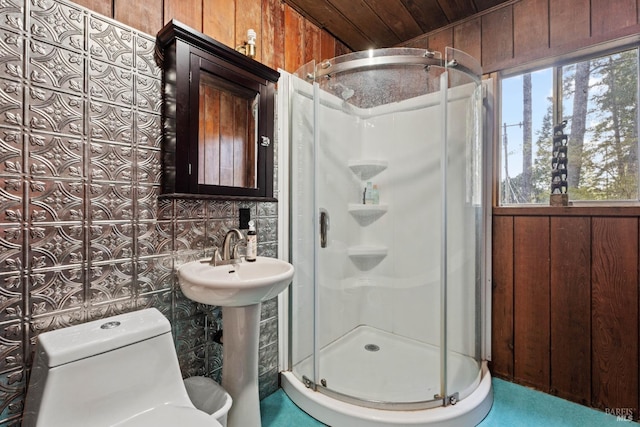 bathroom with toilet, a stall shower, and wooden walls
