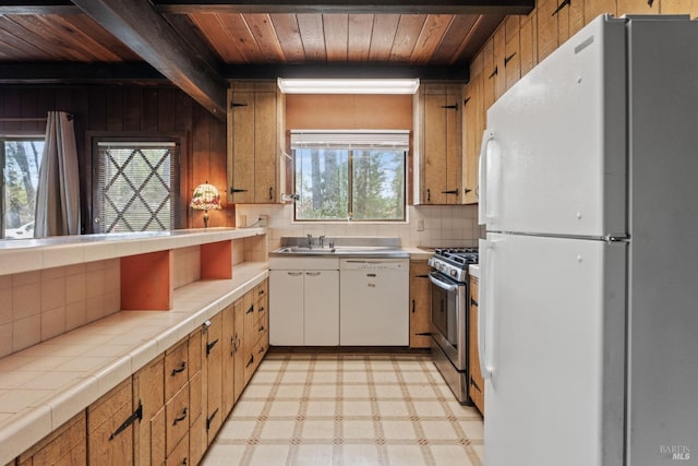 kitchen with beamed ceiling, wooden ceiling, white appliances, and light floors
