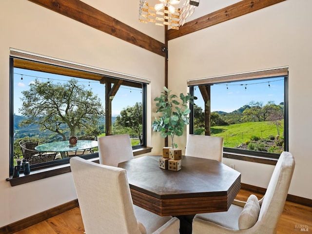 dining space featuring baseboards, a wealth of natural light, an inviting chandelier, and wood finished floors